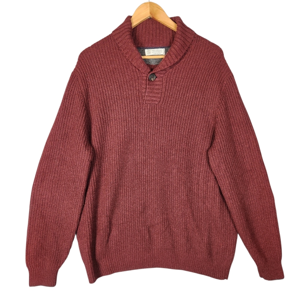 Brunello Cucinelli Cashmere Shawl Collar Sweater Ribbed Knit Men's XL Burgundy